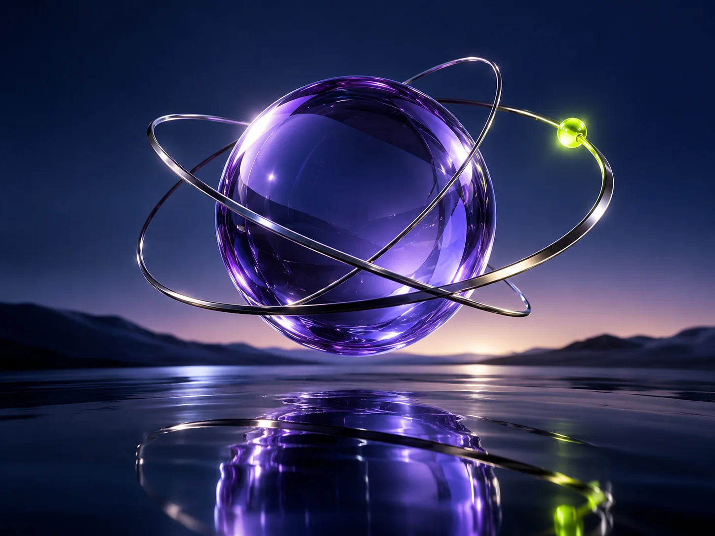 A violet glass sphere encircled by polished metal orbital rings against a dark twilight sky