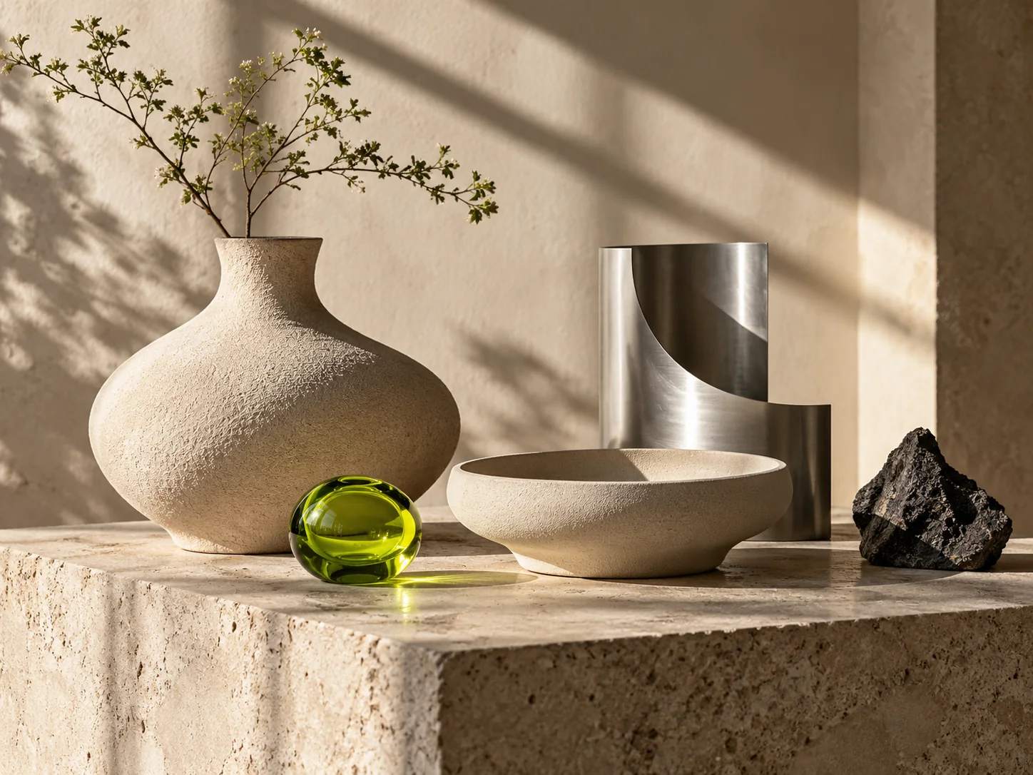 Sculptural sand-colored ceramic vessels and brushed steel accented by lime glass, photographed in natural light